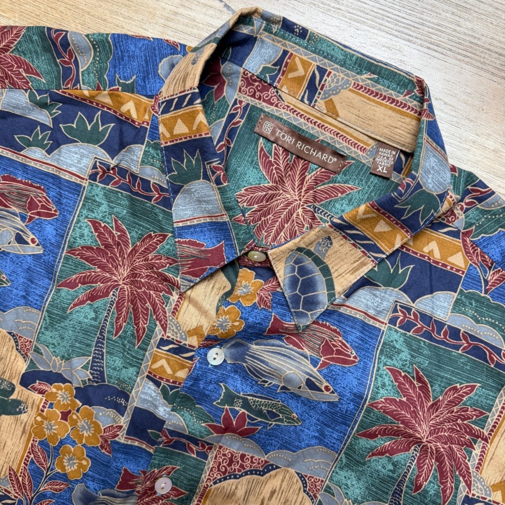 Tori Richard Shirt Mens XL Blue Green Sea Turtle Fish Palm Tree Cotton Hawaiian